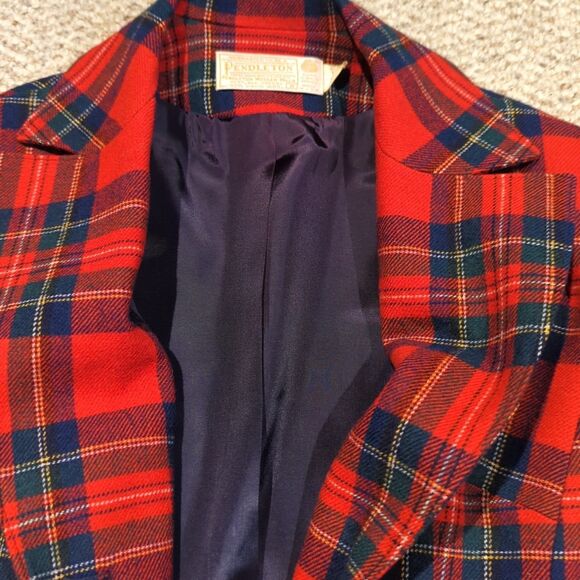 Vintage Pendleton Blazer Wrap Skirt Suit Set Womens 8 Red Tartan Plaid Fringe - Picture 6 of 8